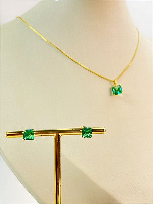 Conjunto Pedra Carre - colar veneziana com pingente e brinco zirconia - banho ouro 2 milésimos com verniz italiano