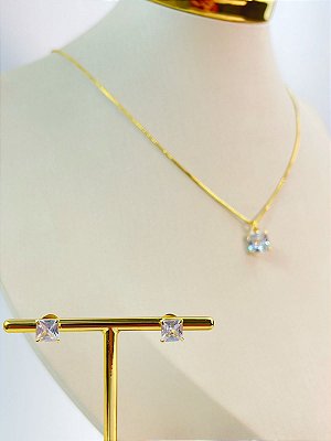Conjunto Pedra Carre - colar veneziana com pingente e brinco zirconia - banho ouro 2 milésimos com verniz italiano