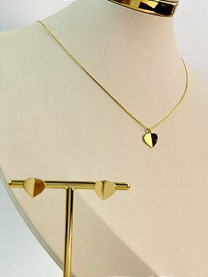 Conjunto Coracao - colar veneziana com pingente e brinco - banho ouro 2 milésimos com verniz italiano