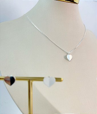 Conjunto Coracao - colar veneziana com pingente e brinco - banho Prata 925 com 50 milésimos e verniz italiano