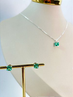 Conjunto Pedra Carre - colar veneziana com pingente e brinco zirconia - banho Prata 925 com 50 milésimos e verniz italiano