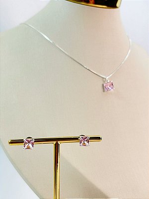 Conjunto Pedra Carre - colar veneziana com pingente e brinco zirconia - banho Prata 925 com 50 milésimos e verniz italiano