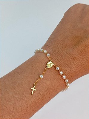 Pulseira tipo terço Aparecida com perola - banho ouro 2 miléslimos com verniz italiano - 1 unidade