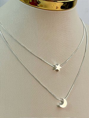 Colar Lua Estrela - Banho Prata 925 Semijoia - Camada de 50 milésimos - 1 unidade 40cm com extensora