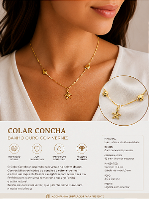 Colar Concha Estrela do mar - banho ouro 2 milésimos com verniz italiano - 1 unidade 40cm com extensora