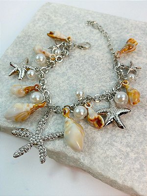 Pulseira Fundo do Mar - Estrela búzios e concha - banho niquel com verniz - 1 unidade