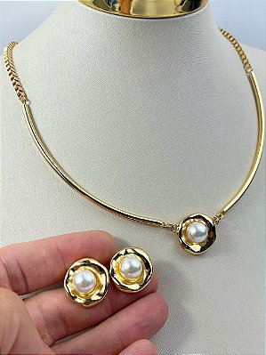 Conjunto Colar e Brinco Organico com perola - banho ouro 2 milesimos com verniz
