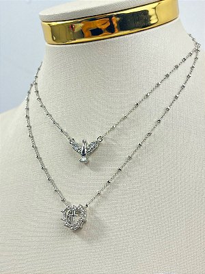 Colar Espírito Santo cravejado zircônia - tipo escapulário - banho niquel diamante - 1 unidade
