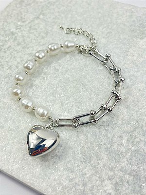 Pulseira Coracao com perola modelo tipo tifany - banho niquel diamante - 1 unidade