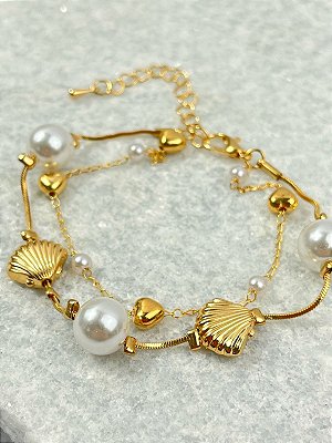 Pulseira Concha e coracao perola banho ouro com verniz -1 unidade