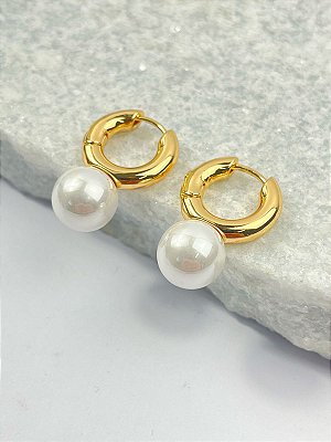 Brinco Argola click com perola banho ouro com verniz - 1 unidade