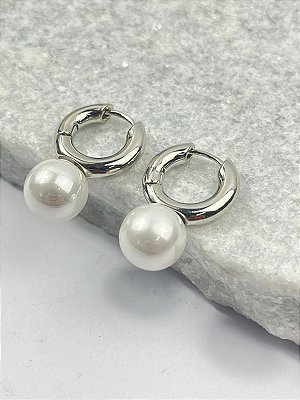Brinco Argola click com perola banho niquel diamante com verniz - 1 unidade