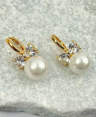 Brinco Argola click Perola com Zirconia tipo Gravatinha banho ouro com verniz - 1 unidade