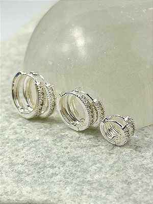 Trio Brinco Argola click Prata Cravejado com Zirconia - banho prata 925 semijoia 50 milésimos - 3 pares