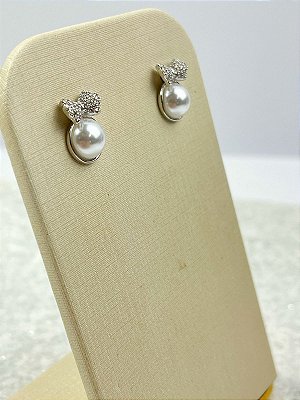 Brinco Cravejado com Zirconia perola tipo gravatinha - banho niquel diamante - 1 par