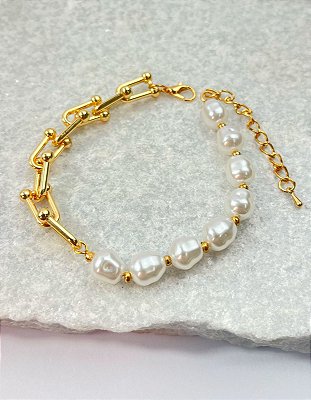 Pulseira com perola modelo tipo tifany - banho ouro - 1 unidade
