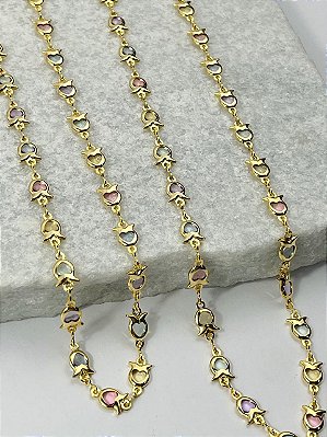 Corrente Coracao colorido Banho Ouro Camada 2 Milésimos Com Verniz Italiano - 1 Metro