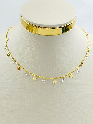 Choker Moedas com zirconia Banho ouro 2 milésimos e verniz italiano - medida 40cm - 1 unidade