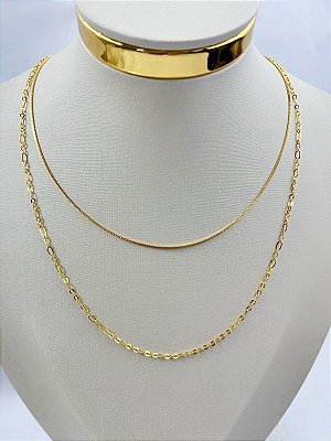Colar Duplo Veneziana 60 e 40 cm *Banho 5 Milésimos Ouro* Semijoia * com Alongadora extensora de 5cm e Fecho de Latão Com Verniz Protetivo italiano - 1 Unidade
