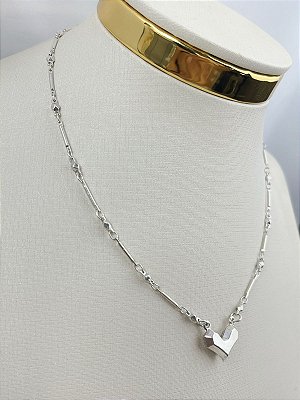 Colar diamantada com coracao Prata 40 cm - Banho Prata 925 semijoia camada de 50 milésimos com verniz - 1 unidade