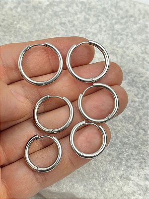 Trio Brinco Argola Aço Inox tipo click - antialergico - P M G - 3 pares