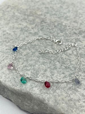 Pulseira cadeado com zirconias coloridas com extensora banho Prata 925 semijoia 50 milésimos com verniz italiano - medida 17cm