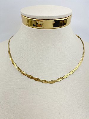 Colar fita trançada aço inox dourada - 40cm mais extensora - 1 unidade antialergico