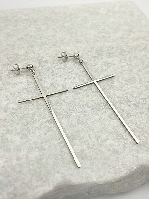 Brinco Cruz lisa aço inox - com base bolinha - 1 par antialergico