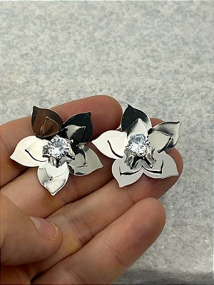 Brinco Flor em aço inox com Zirconia cristal - 1 par