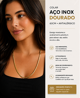 Colar Aço Inox Dourado antialergico medida 60cm - 1 unidade - espessura de 5mm