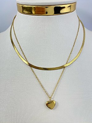 Colar Duplo Aço Inox corrente fita e cadeado diamantada Dourado pingente coração antialergico medida 45cm - 1 unidade