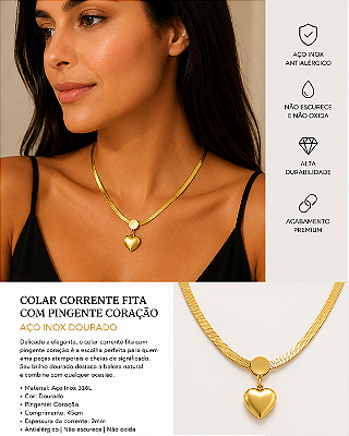 Colar Aço Inox corrente fita Dourado pingente coração antialergico medida 45cm - 1 unidade