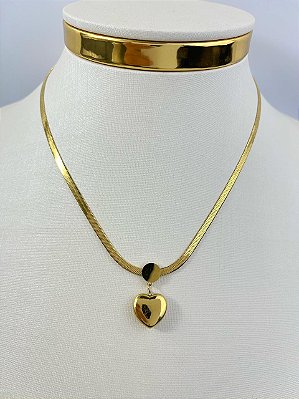 Colar Aço Inox corrente fita Dourado pingente coração antialergico medida 45cm - 1 unidade