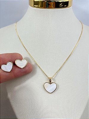 Conjunto Colar Veneziana pingente coracao com madreperola - 40cm mais extensora - banho ouro 2 milesimos com verniz - colar e brinco
