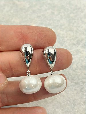 Brinco Gota com perola - banho Diamante e verniz - 1 par