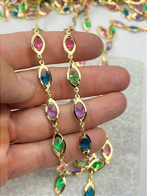 Corrente com Cristais coloridos - banho ouro 2 milesimo e verniz italiano - 1 metro