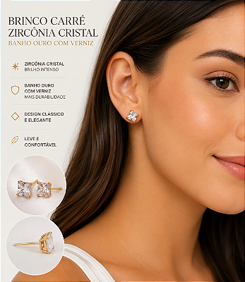 Brinco Carre Zirconia quadrado - Banho ouro 2 milesimos com verniz protetivo - 1 par