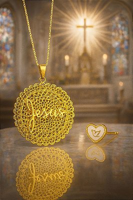 Conjunto Colar + Brinco Jesus Ouro - 01 conjunto