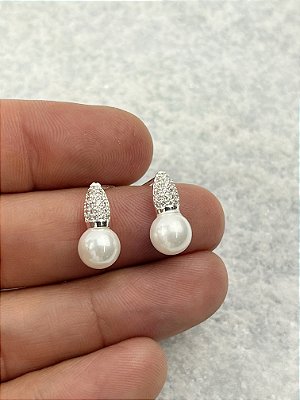 Brinco pérola com Zirconia banho Prata 925 Semijoia com verniz italiano - 1 par