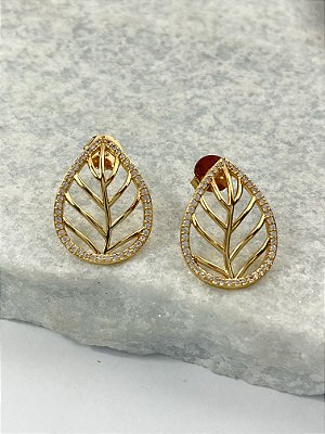 Brinco Folha com Zirconia banho ouro - 1 par