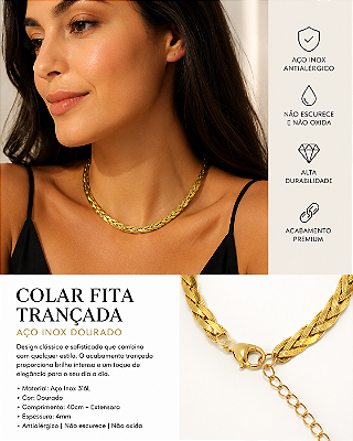 Colar Fita Trançada Aço Inox Dourado - antialergico - medida 40cm e extensora - 1 Unidade