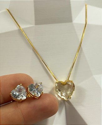 Conjunto Coração Zirconia cristal - colar e brinco com Banho Ouro 2 milésimos com verniz italiano - 1 unidade