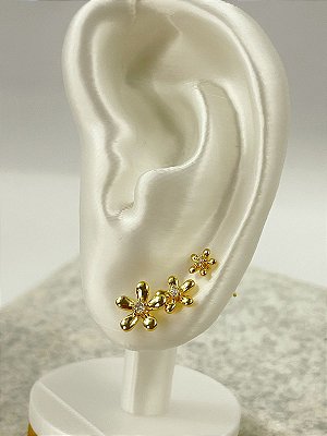 Trio Brinco Flor zirconia cristal Banho Ouro 2 milésimos com verniz italiano - 3 pares