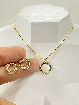 Conjunto Colar e Brinco zirconia colorida - Banho Ouro 2 milésimos com verniz italiano - 1 colar e 1 par de brinco
