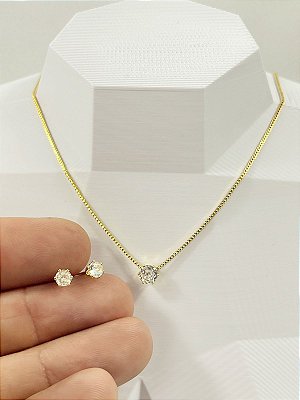 Conjunto Colar e Brinco Ponto de Luz - Zirconia cristal - Banho Ouro 2 milésimos com verniz italiano - 1 colar e 1 par de brinco