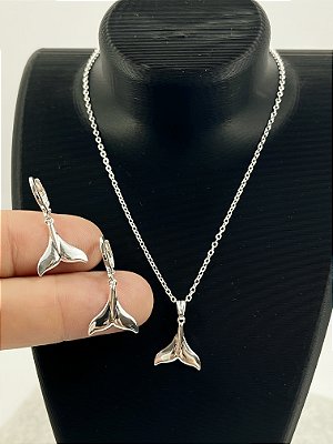 Conjunto Rabo de Baleia Colar e Brinco Tranqueta Banho Prata 925 Semijoia - 50 milésimos com verniz italiano