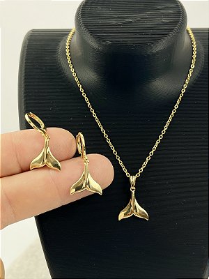 Conjunto Rabo de Baleia Colar e Brinco Tranqueta Banho Ouro 2 milésimos com verniz italiano