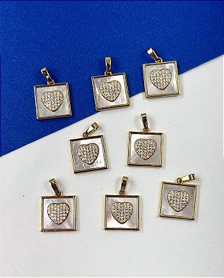 Pingente Coração Madreperola com Zirconia - 01 unid - semijoia