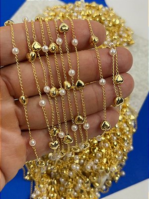 Corrente Pérola Coração banho ouro 2 milésimos com verniz italiano - 1 metro