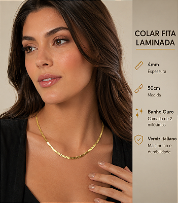 Colar Fita Laminada de 4mm espessura - medida 50cm Banho Ouro camada 2 milésimos com verniz Italiano - 1 Unidade
